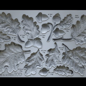 May include: A silicone mold for baking featuring oak leaves and acorns. The mold is gray and has measurements in milliliters and grams for each leaf and acorn shape. The text "OAK LEAVES & ACORNS IOD" is printed on the bottom of the mold.