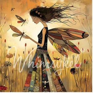 May include: A whimsical illustration of a fairy with long brown hair and a colorful patchwork dress. She is holding a dragonfly in her hand and has large, stained glass wings. The background is a field of tall grass and wildflowers.