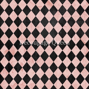 May include: A black and pink checkered pattern background with the text "Decoupage Queen" in the center.