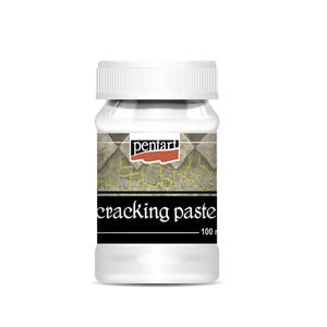 May include: A white plastic jar with a black label that says "cracking paste" and a red label that says "pentart". The jar contains a white paste that can be used to create a cracked effect on surfaces.