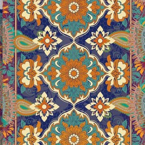 May include: A vibrant, patterned textile featuring a symmetrical design. The pattern includes large floral motifs in shades of orange, teal, and cream, set against a deep blue background. Paisley and geometric elements frame the central design.