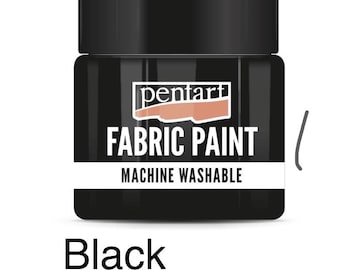 May include: A black jar of fabric paint with the brand name "pentart" in a white and brown logo. The text "FABRIC PAINT" and "MACHINE WASHABLE" are printed on the front. The word "Black" is written below the jar.