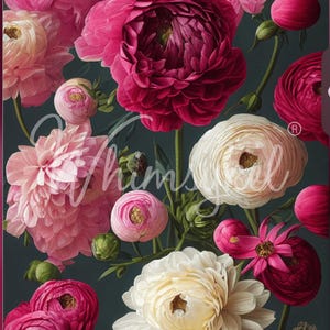 May include: A floral arrangement featuring multiple layers of blooming ranunculus flowers in shades of deep magenta, soft pink, and creamy white. The flowers are set against a dark, muted background with green stems and small buds visible.
