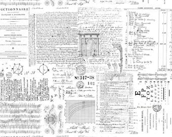May include: A collage of vintage ephemera in black and white. The design includes handwritten notes, musical scores, architectural sketches, and text from a French dictionary. The overall aesthetic is reminiscent of antique documents and historical records.