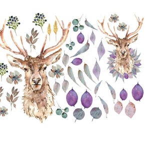 RETIRED Winter Stag by Lexi  - Roycycled Decoupage Tissue Papers ROY 175 | LRG format 21 x 29 inches | deer stag purple winter Christmas
