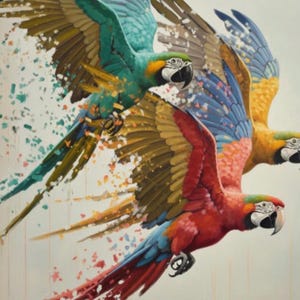May include: A vibrant painting of three parrots in flight. The birds feature a mix of bright colors, including red, blue, yellow, and green. The artwork has a dynamic feel, with the parrots appearing to burst from a background of white.