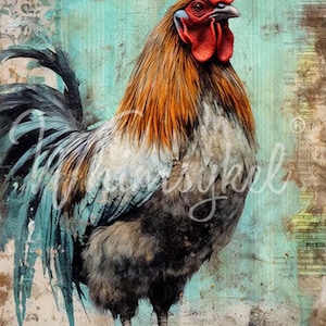 Large Decoupage Tissue Paper Hens Hues & Feathers | Designs by Whimsykel | 18 lb  | Whimsey watercolor rooster chicken rustic| 21 x 29 Inch