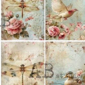 May include: Four-panel collage with a vintage aesthetic. Features include a dragonfly, a bird in flight, and a duck in water, all surrounded by pink roses and butterflies. The background has musical notes and a faded, aged appearance.