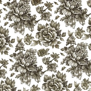 May include: A seamless pattern featuring black and white illustrations of peonies and leaves. The peonies are drawn in a detailed, realistic style, with intricate petals and delicate stems.