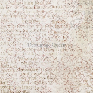 May include: A vintage-style background with a delicate floral pattern in shades of pink and white. The background is overlaid with faded text, including the words "Découpage Queen".