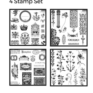 May include: A black and white stamp set with various vintage designs, including floral patterns, crowns, and labels. The set is labeled "The Connoisseurs Library" and measures 6x6 inches. Includes text such as "London Shakespeare" and "Keats".