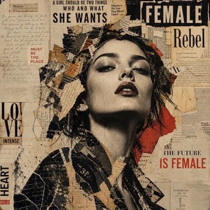 May include: A mixed-media collage art print featuring a portrait of a person with dark hair, surrounded by layered newspaper clippings and text including "FEMALE Rebel," "A GIRL SHOULD BE TWO THINGS WHO AND WHAT SHE WANTS," and "THE FUTURE IS FEMALE."