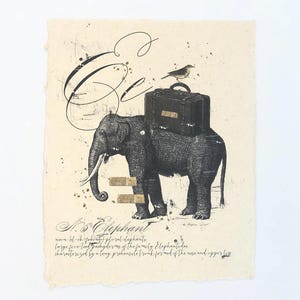 May include: An artistic print featuring a detailed illustration of an elephant carrying a suitcase, with a bird perched on top. The artwork is in black and white with a vintage aesthetic, and includes the text "N.5 Elephant".