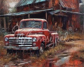 Large Decoupage Tissue Paper  Rural Reflections | RETIRED Designs by Whimsykel | 18 lb  | Whimsey rustic red barn farm truck| 21 x 29 Inch
