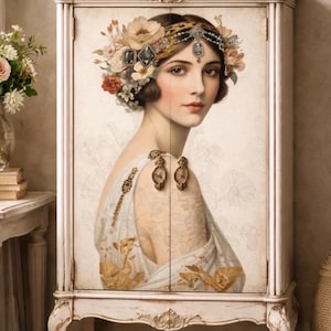 May include: A white cabinet with a vintage-style painting of a woman adorned with flowers and jewelry. The cabinet has ornate detailing and curved legs, adding to its antique aesthetic. The artwork features a woman with a floral headpiece and earrings.