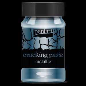 May include: A clear glass jar with a black lid and a black label. The label says "pentart cracking paste metallic".