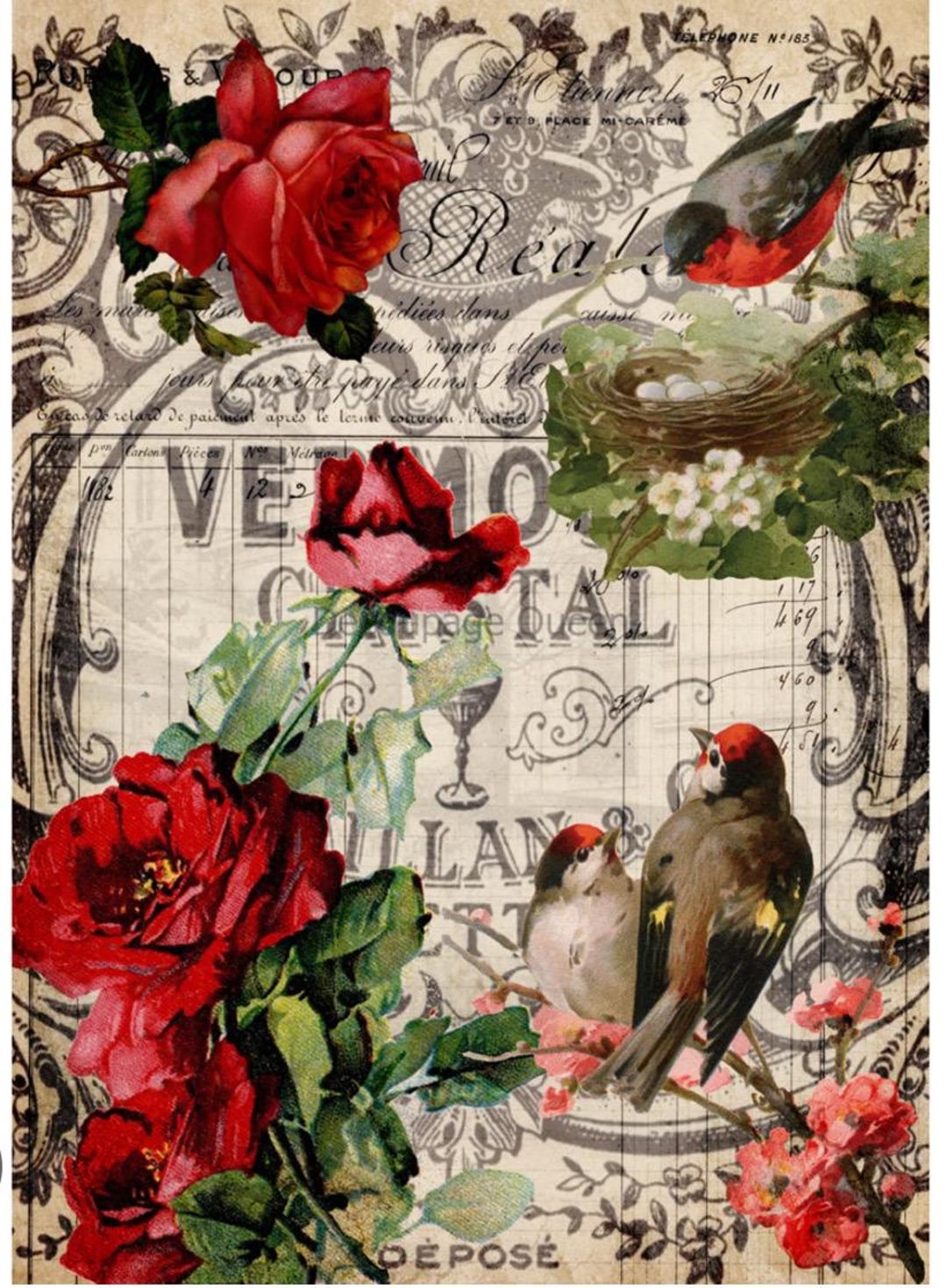 Decoupage Rice Paper ∙red Roses and Birds - 0651 - Decoupage Queen ...