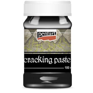 May include: A black plastic jar with a white lid labeled "pentart cracking paste 100 ml". The jar has a label with a cracked stone texture.