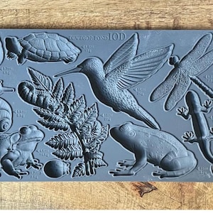 May include: Gray silicone mold with raised designs of a hummingbird, dragonfly, frog, turtle, snail, and fern. The mold is labeled "Dewdrop Pond IOD".