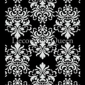 May include: A black and white damask pattern with a repeating design of stylized floral motifs. The pattern is perfect for use in home decor projects.