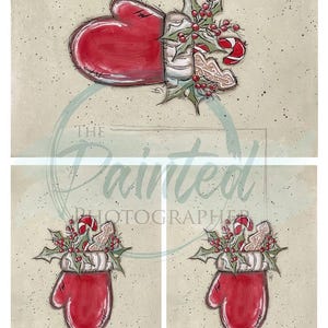 May include: Three illustrations of red mittens with holly, candy canes, and gingerbread cookies inside. The text "The Painted Photographer" is visible in the image.