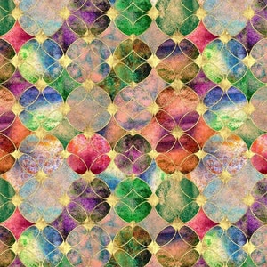 May include: A seamless pattern featuring a geometric design of overlapping circles and ovals in shades of pink, red, orange, green, blue, purple, and gold. The pattern is reminiscent of stained glass.