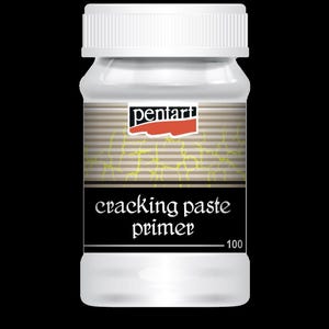 May include: A white plastic jar with a black label that says "pentart cracking paste primer 100".