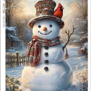 a4 Decoupage Rice Paper-  379 Christmas snowman with Cardinal  ∙  Paper Designs Christmas Vintage Red  - 1.00 shipping available