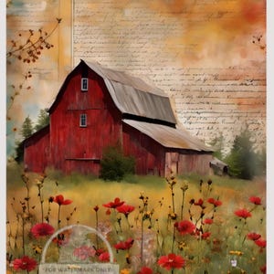May include: A red barn with a weathered roof sits in a field of wildflowers. The barn has a large, open door and a small window. The wildflowers are in bloom and are a variety of colors, including red, yellow, and white.