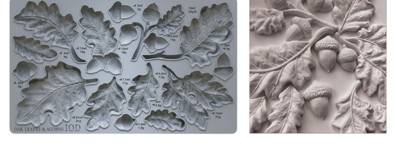 May include: A silicone mold for baking with a design of oak leaves and acorns. The mold is gray and has measurements in millimeters and grams.