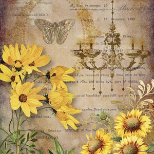 May include: A vintage-style image with a gold chandelier, a butterfly, and yellow sunflowers. The background is a textured paper with French text.