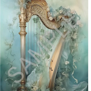 May include: A gold harp with intricate carvings is surrounded by delicate white flowers and green vines. The harp is set against a soft blue background.