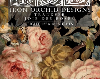 New ! 2024 Joie de Roses IOD Transfer Pad with (8) 12 X 16 Sheets by Iron Orchid Designs Rub-On Furniture Transfer Roses pink Blush