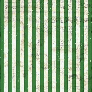 May include: A vertical pattern of alternating forest green and off-white stripes layered over a background featuring faint musical notation, handwritten script, and subtle floral motifs with small black speckles scattered across the surface.