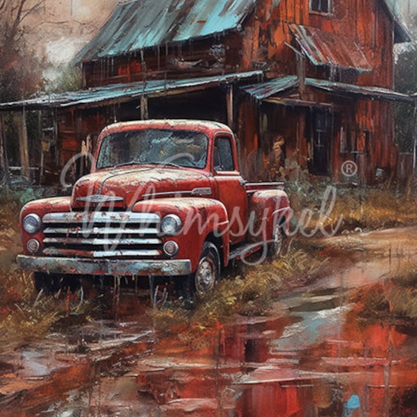 Large Decoupage Tissue Paper  Rural Reflections | Designs by Whimsykel | 18 lb  | Whimsey rustic farm red barn farm truck| 21 x 29 Inches