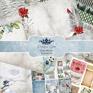 May include: A digital collage kit for scrapbooking or journaling with a winter theme. The kit includes images of snowmen, cardinals, trees, and other wintery elements. The kit also includes some vintage-style labels and text.
