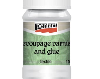 May include: A clear plastic bottle of Pentart decoupage varnish and glue for textile projects. The label features green and white geometric patterns and the text "decoupage varnish and glue textile 10". The bottle has a white screw-on lid.