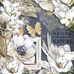 May include: A watercolor painting of white flowers, leaves, and a butterfly on a blue background. The text "{s.p.r.i.n.g} is the smile of the NATURE" is written in black.