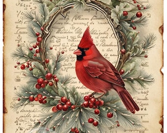 Christmas Cardinal in Wreath Rice Paper | A4 - 8.3 x 11.7 inches decoupage central | DC 117 | - 1.00 shipping avail