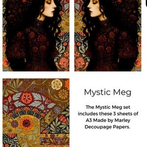 New 2025 Mystic Meg  Decoupage Paper - A3 Size 16.25 x 11.25 inches.- Three Design Sheets In one package   - Made by Marley
