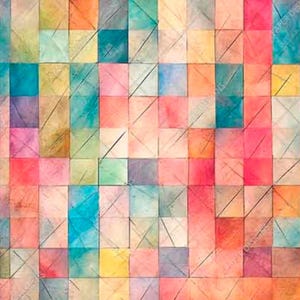 May include: Abstract geometric pattern featuring a grid of colorful squares in shades of pink, orange, yellow, teal, and blue. Each square has a diagonal line. The overall design has a watercolor effect, creating a textured and artistic appearance.