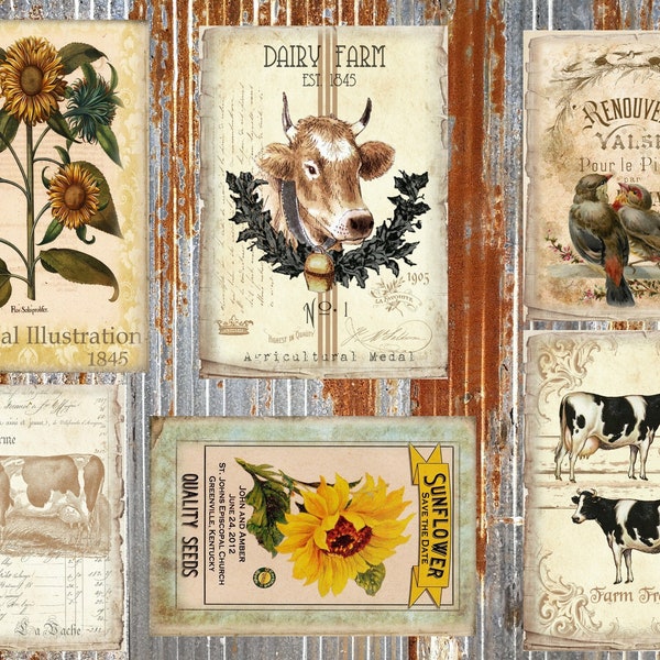 Large Format Sunflowers, Cows Galvanized , Deborah Bucher Designs, Tissue Paper Decoupage,  Deb 98  Flower  Vintage Label  Farm Country Bird