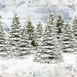May include: A snowy winter scene with a group of evergreen trees covered in white snow against a light blue and white watercolor background.