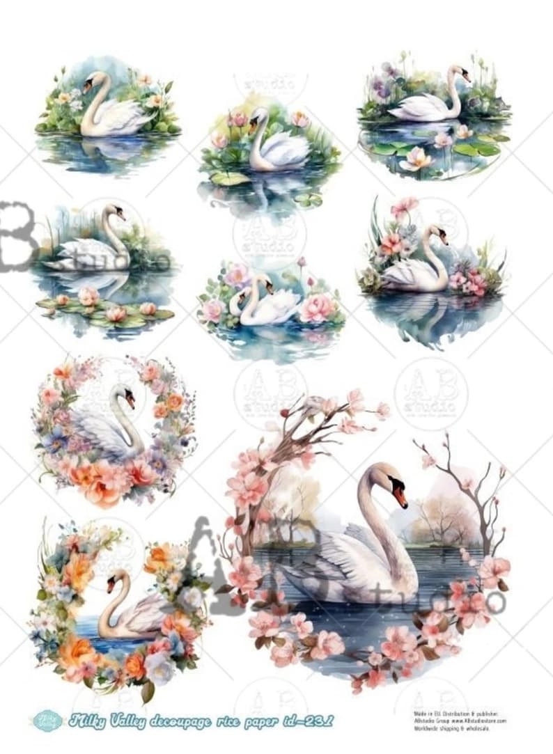 Pink Swan Rice Paper Decoupage Rice Paper- MV231 AB Studios Swan Scenes Mini Rounds - Approx ...