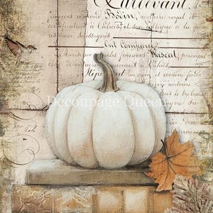 May include: A white pumpkin with a textured surface rests on a stack of books, with a fall leaf and script in the background. The image has a vintage, rustic aesthetic, with the text "Larcvant" visible.