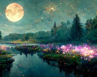 May include: A full moon shines brightly in a night sky filled with stars over a tranquil forest scene. A river winds through the forest, reflecting the moonlight. The forest floor is covered in a field of glowing flowers.