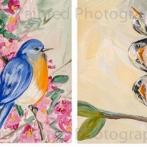 May include: Two paintings of birds. The first painting shows a bluebird with an orange breast perched on a branch with pink flowers. The second painting shows four white birds with orange beaks perched on a branch.