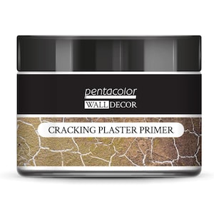 May include: A white jar with a black lid and label. The label says "pentacolor WALL DECOR CRACKING PLASTER PRIMER". The jar is filled with a light brown primer.