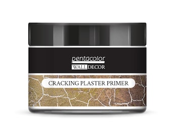 May include: A white jar with a black lid and label. The label says "pentacolor WALL DECOR CRACKING PLASTER PRIMER". The jar is filled with a light brown primer.