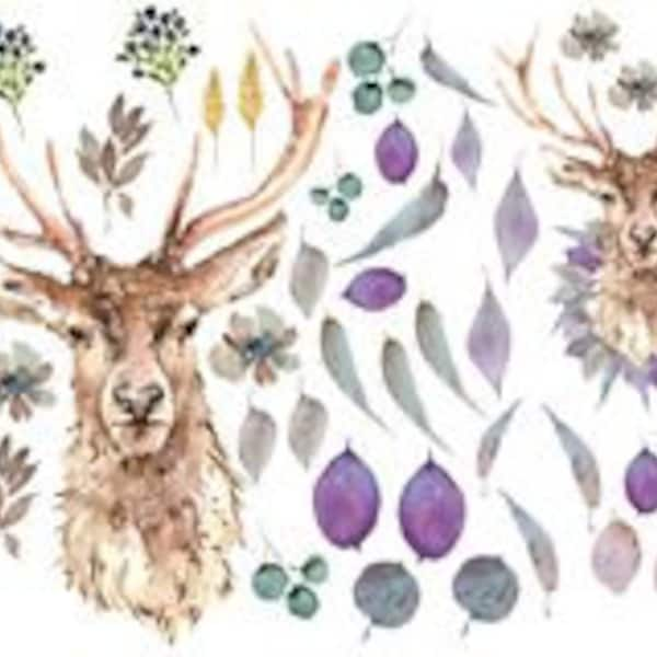 LIMITED Winter Stag by Lexi  - Roycycled Decoupage Papers ROY 175 - deer stag purple winter berries floral Chritmas